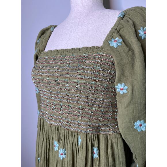 Free People Green Floral Fairy Cottage Boho Gauze Smocked Dahlia Maxi Dress M - Picture 4 of 6